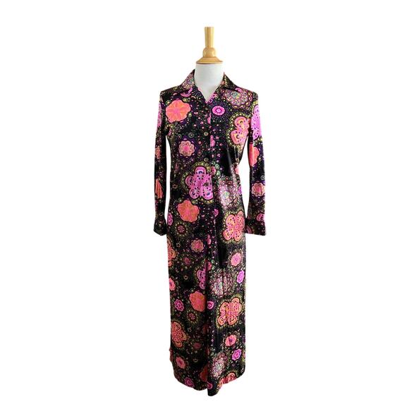 Vintage Peter Pan 1960s Flower Power Neon Psychedelic Maxi Dress Hippie Sz M USA - Picture 1 of 5